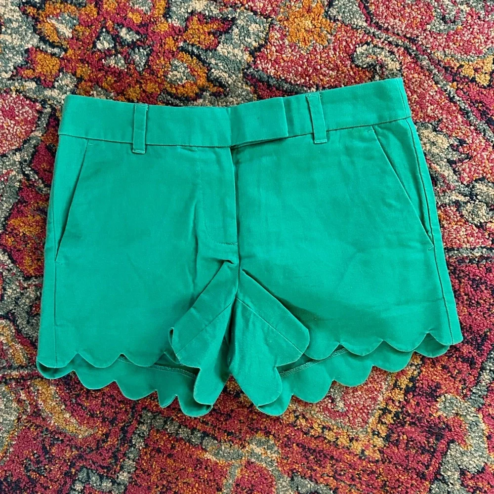 J. Crew | Women’s Green Linen Blend Scalloped Hem Shorts Size 0